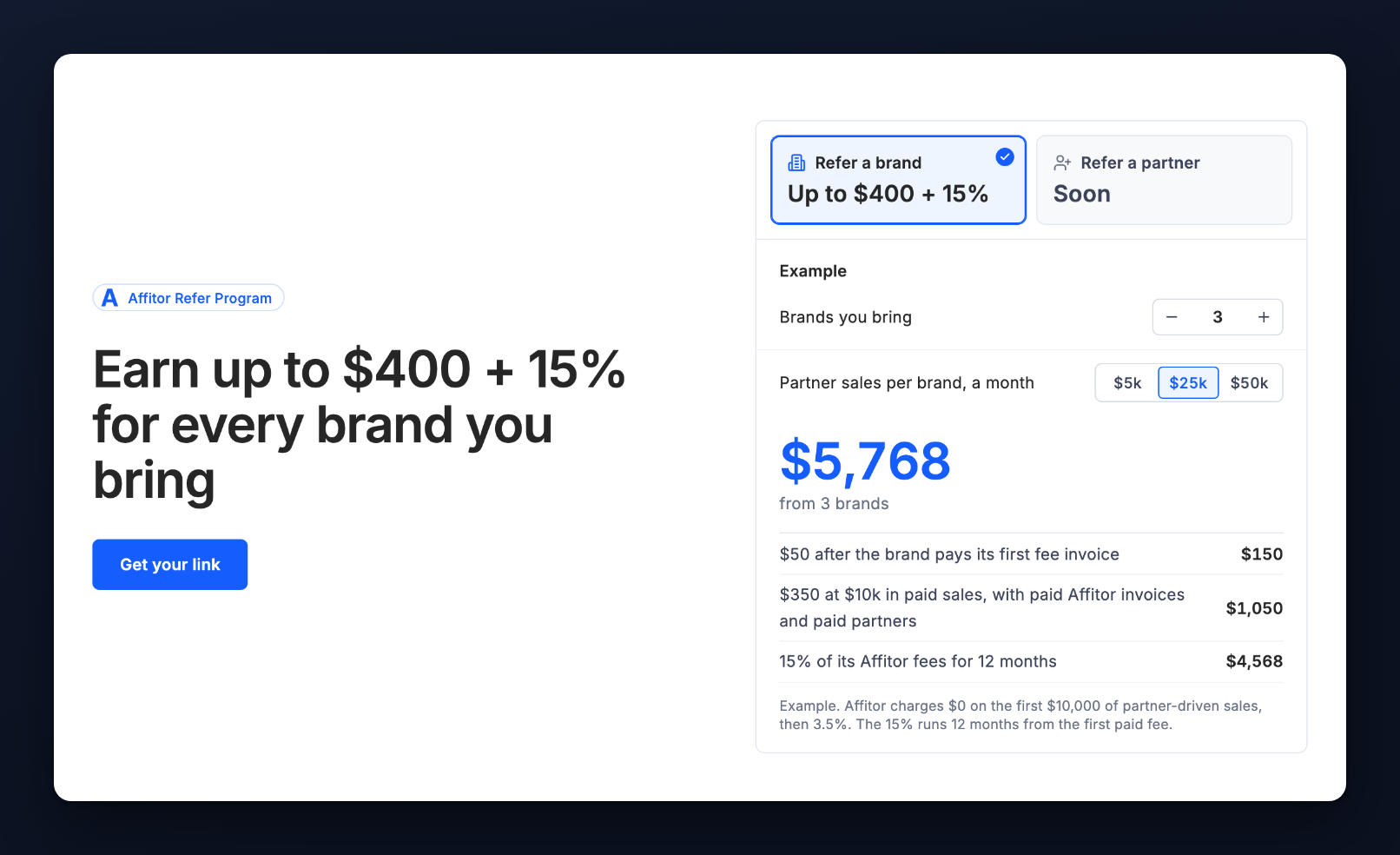 The Refer Program page with the Example card set to 3 brands and $25k in partner sales a month
