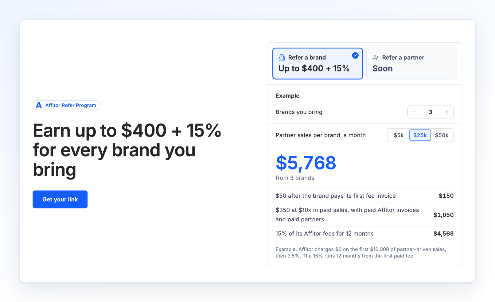 The Refer Program page with the Example card set to 3 brands and $25k in partner sales a month